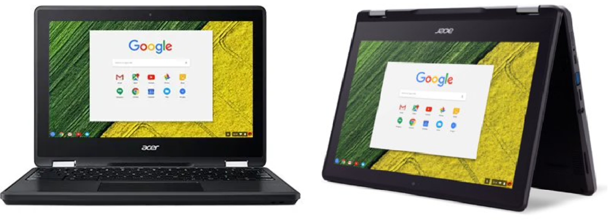 Two Acer Chromebooks shown in different positions: standard laptop mode and tent mode, both displaying Google homepage.